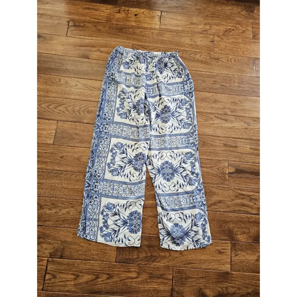 JAASE Wide Leg Pants Women’s Size L Long Side Slits Blue Floral Boho NWT Travel - Picture 11 of 11